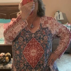 Boho Floral Medallion Long Sleeve Women's Top - Red & Blue